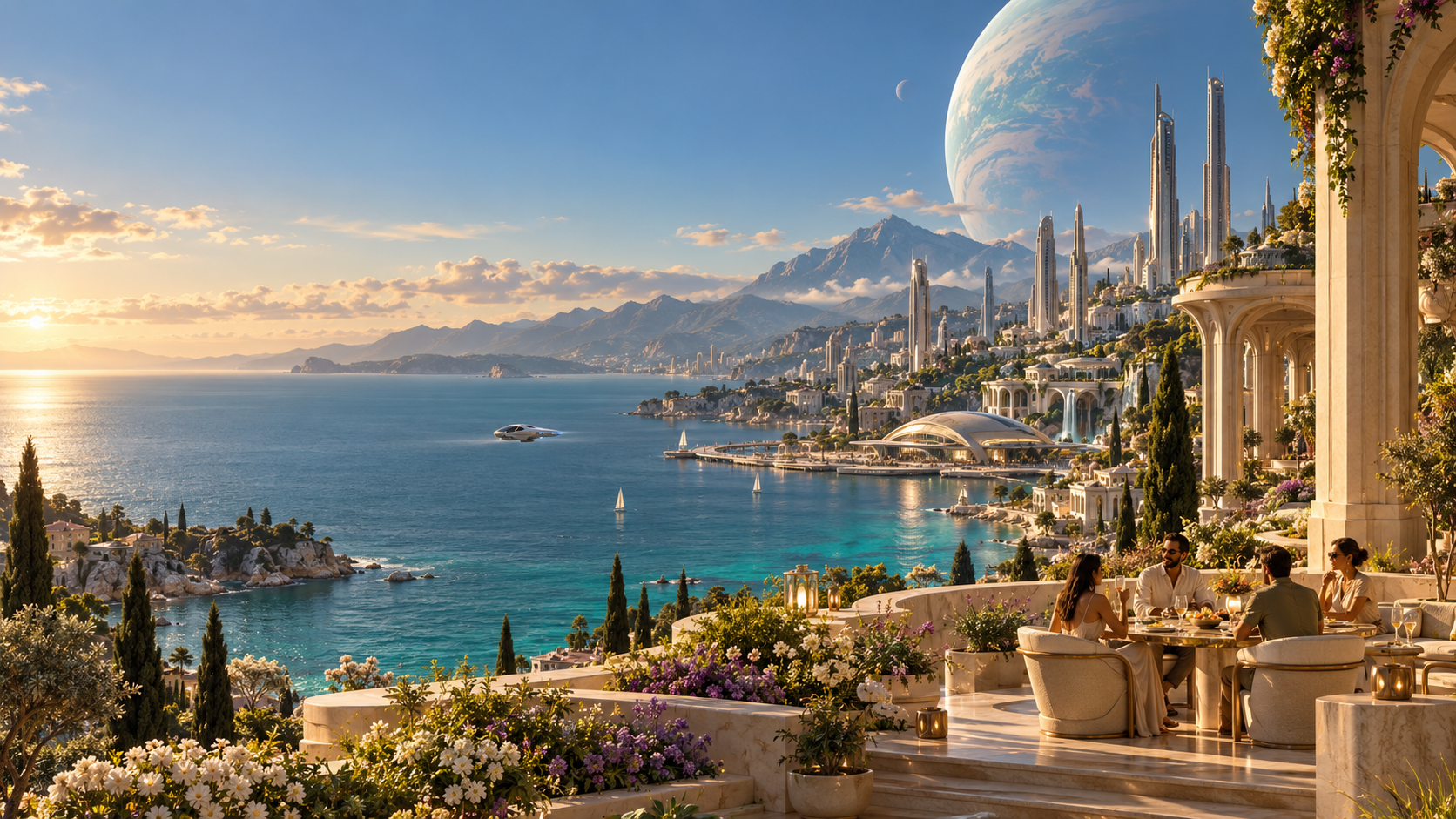 An imagined coastal city on another world, with gardens, elegant architecture, people dining on a terrace, and a neighboring planet overhead